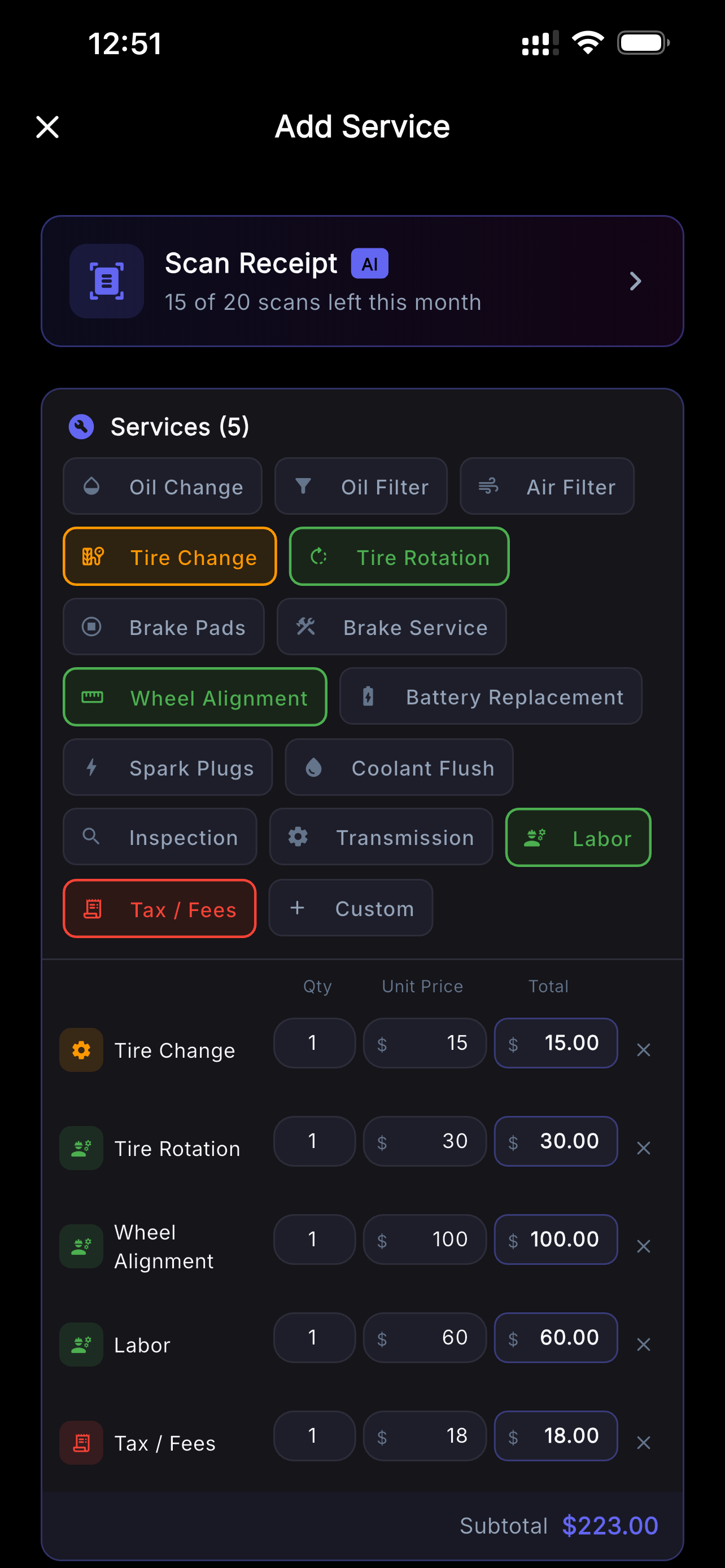 Add Service screen