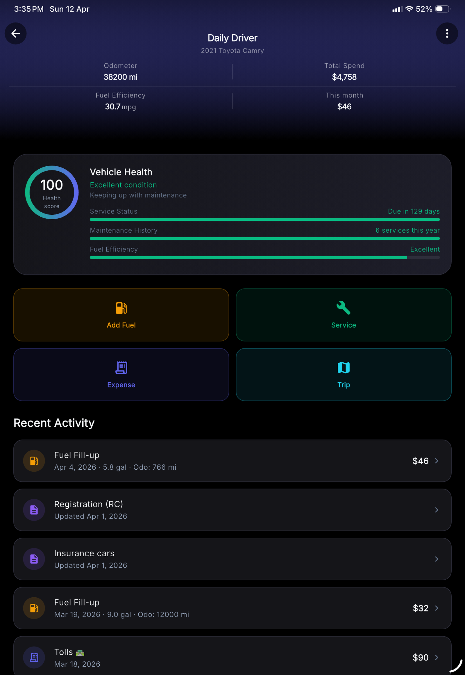 VehIQ vehicle detail: health score 100, recent activity